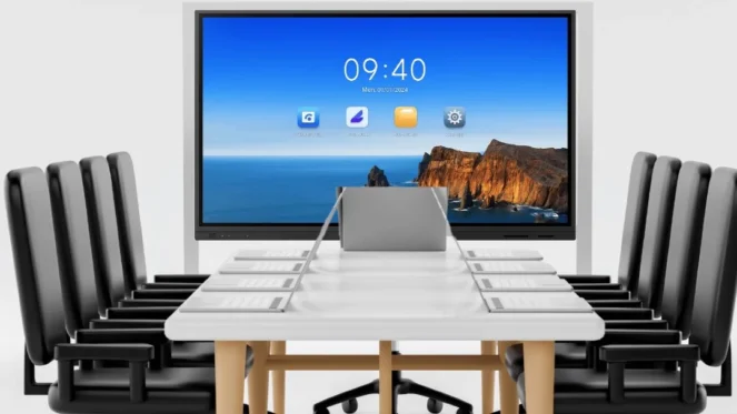 Conference room setup with a long white table, black chairs, and a large screen at the end displaying a seaside wallpaper and icons.