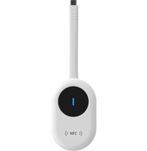 Innotech White Nfc Card Reader with a Vertical Connector and a Blue Led Badge in the Center, Indicating Ready Status.