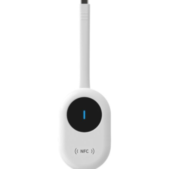 Innotech White Nfc Card Reader with a Vertical Connector and a Blue Led Badge in the Center, Indicating Ready Status.