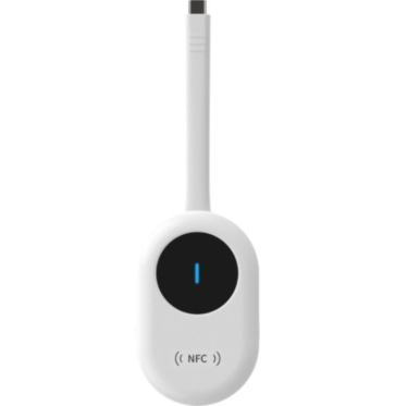 White NFC card reader with a vertical connector and a blue LED badge in the center, indicating ready status.