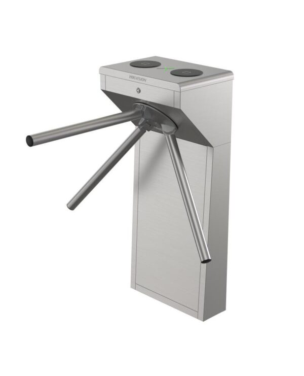 Innotech Tripod Security Turnstile with Three Rotating Arms at a Stainless Steel Gate, Branded Hikvision, Used to Control Entry.