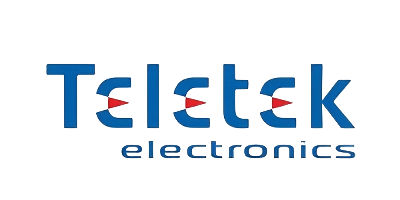 Innotech - უსაფრთხოების სისტემები Teletek Electronics Logo in Blue with Red Accents on a Black Background.
