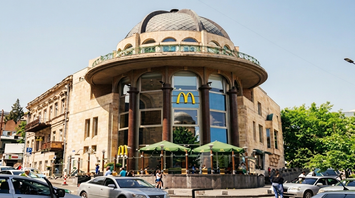 Innotech - უსაფრთხოების სისტემები Mcdonald's Restaurant in a Circular Historic Building with a Domed Roof, Glass Facade, and Outdoor Seating Under Green Umbrellas. Cars and Pedestrians on the Street.