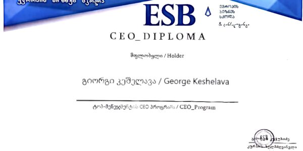 Innotech - უსაფრთხოების სისტემები Esb Ceo Diploma Certificate Showing Recipient George Keshelava, Dated 2022, with Blue Banner Design at Top and a Stamped Seal Bottom Right.