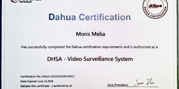 Innotech - უსაფრთხოების სისტემები Certificate from Dahua Certification Awarded to Moris Melia for Dhsa - Video Surveillance System Completion