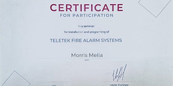 Innotech - უსაფრთხოების სისტემები Teletek Certificate for Participation with Recipient Morris Melia and Signature by Ivaylo Marinov, Regional Sales Manager.
