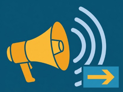 Innotech Megaphone Icon with Sound Waves and a Right-pointing Arrow, Suggesting an Announcement or Direction to the Right.