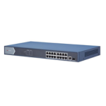 Blue 24-port Ethernet network switch with front-facing ports and status LEDs, used in a rack or on a shelf.