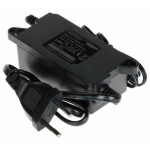 Black rectangular AC power adapter (wall wart) with attached cord and two-prong plug for electronic devices.