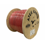 Wooden spool with red insulated electrical wire wound around it