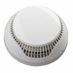 Circular ceiling-mounted smoke detector with vented rim and white finish, used for fire safety