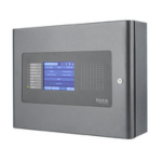 Wall-mounted security alarm control panel with LCD screen and keypad.
