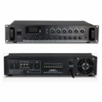 Front and back views of a rack-mountable professional audio interface with multiple input/output ports and a built-in display/controls on the front panel.