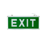 Green exit sign with white letters reading EXIT mounted on a white background.