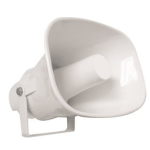 White handheld megaphone with a metal mounting bracket attached.