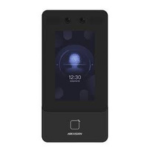 Black handheld smart door lock controller with a touchscreen displaying the time