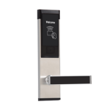 Keyless smart door lock with a vertical black touchscreen on a metal plate and a horizontal lever handle