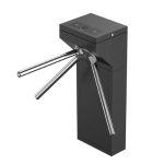 Three-arm turnstile barrier with an access-control reader on top, mounted on a black pedestal for pedestrian entry control.