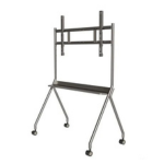 Mobile metal equipment stand on four casters with two vertical posts and a small platform, used to hold tools or devices.
