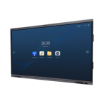Large flat-screen monitor on a stand displaying a blue home screen with several app icons.