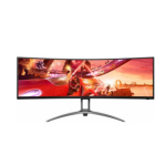 Ultra-wide curved computer monitor on a stand, displaying a red/orange space wallpaper.
