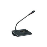 Desk microphone on a base with a flexible gooseneck, used for speaking at a podium or desk podium setup