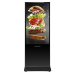 Vertical digital menu board displaying a stacked burger with bun, lettuce, tomato, cheese, and patty in a tall sequence.