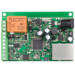 Green embedded control board with an orange component module, edge connector, USB-like port, and numerous capacitors and ICs present.