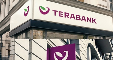 Innotech Terabank Storefront Signage on a Corner Building, Featuring a Purple Logo and Bold Terabank Text.